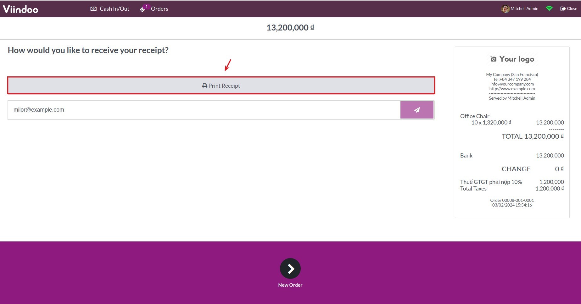 Print the receipt - Viindoo PoS