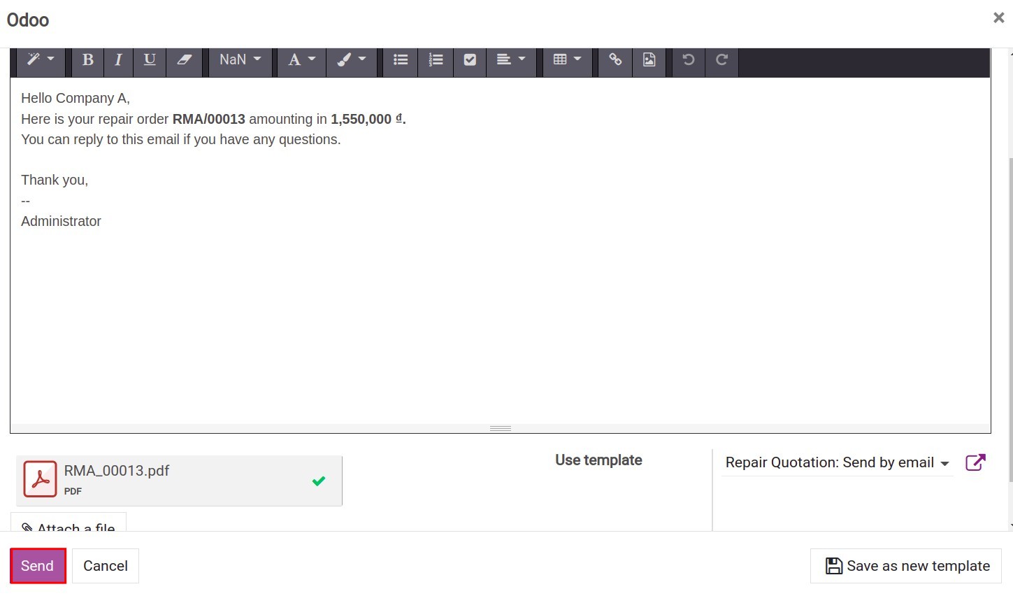 Compose email to send quotation to customer