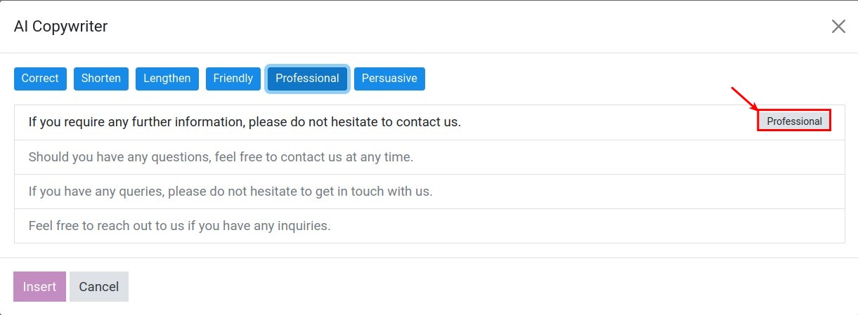 Default text result