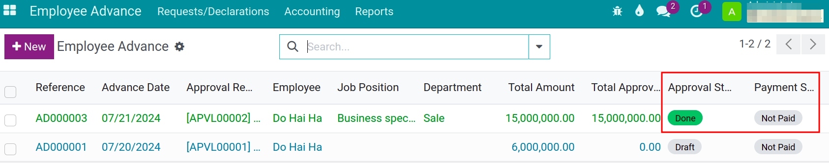 Find the advance request to pay