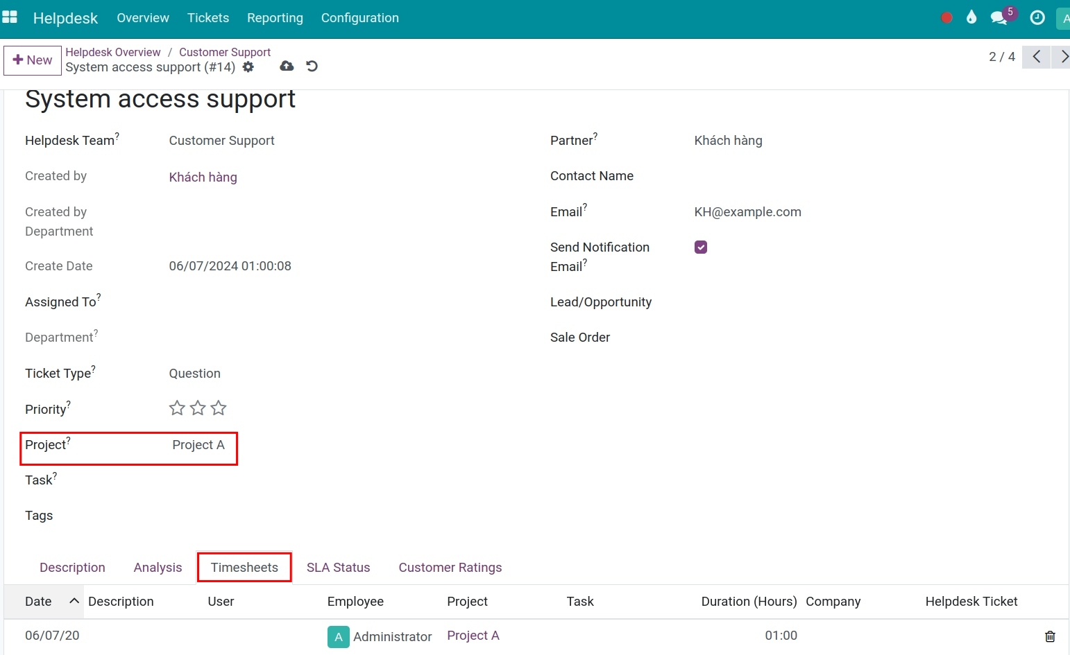 Log Timesheets on ticket Helpdesk Viindoo
