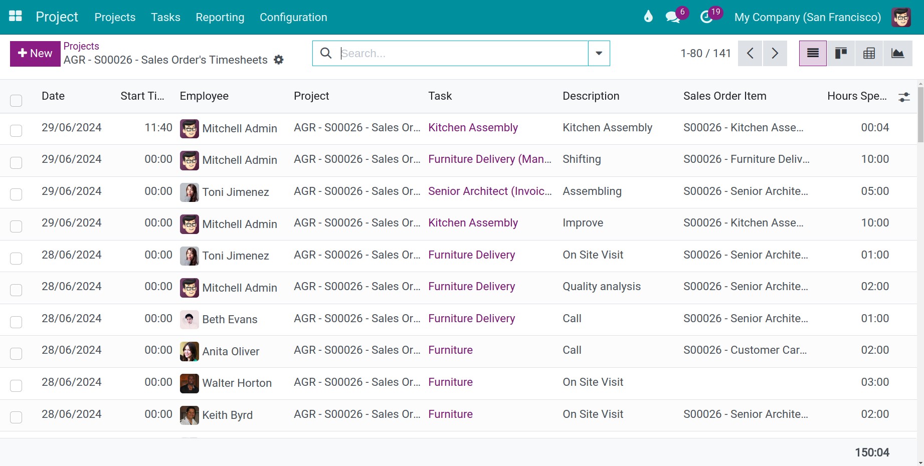 view a timesheet table on project application