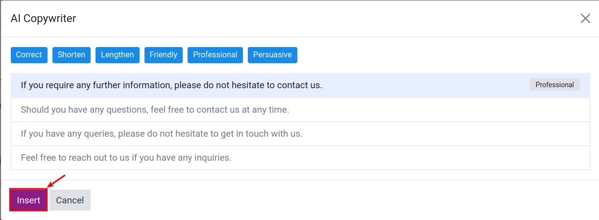 Default text result