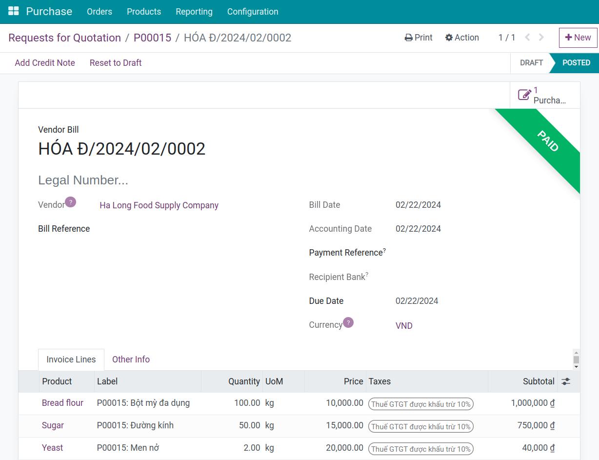 A Vendor Invoice attached to a purchase order