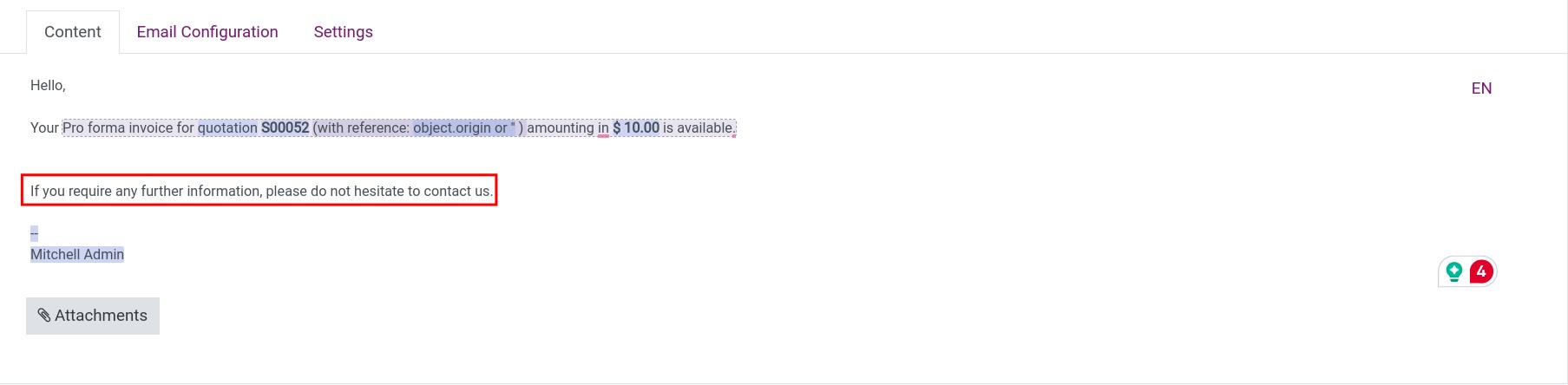 Default text result