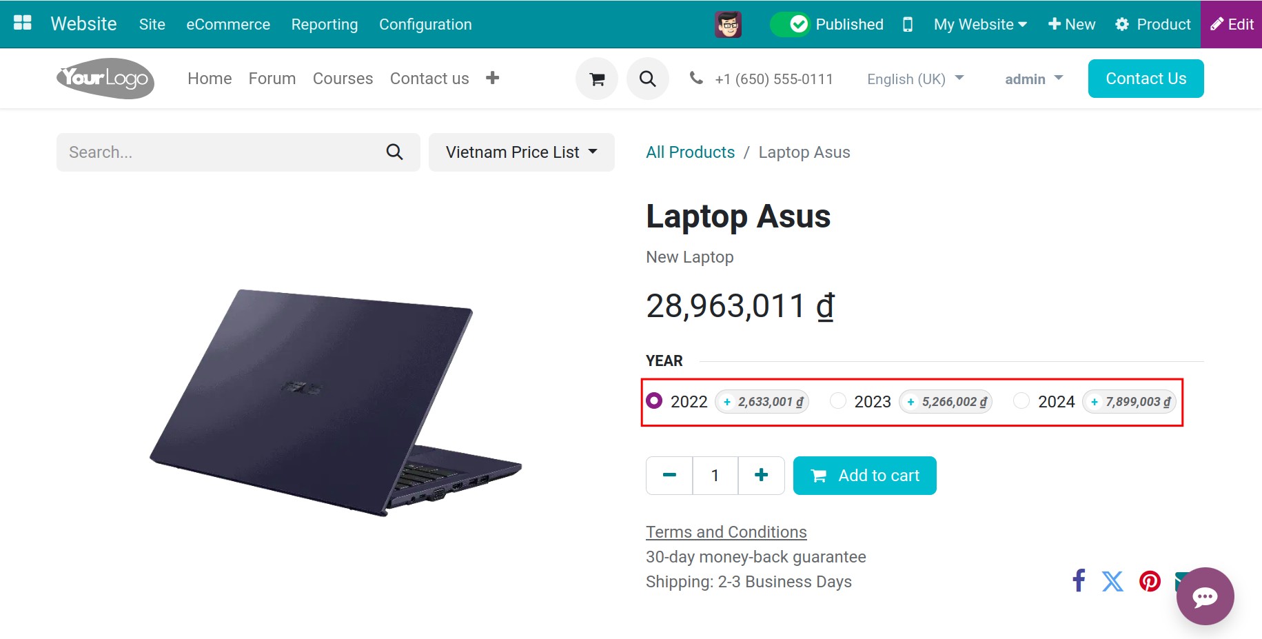 The products variants and the coressponding prices