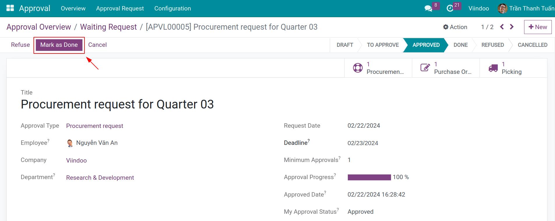 Mark as done procurement request