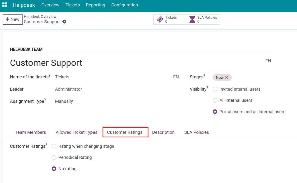 Evaluation options on Helpdesk team Helpdesk Viindoo