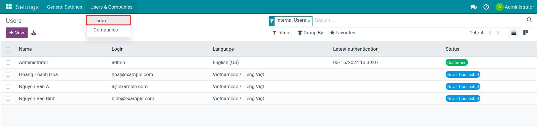Select user to access right in Viindoo
