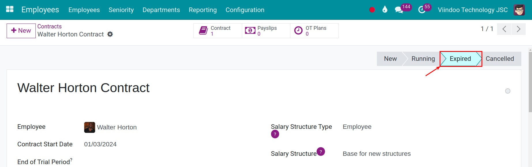 Expired contract in Viindoo software