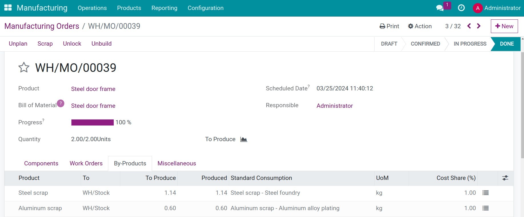 Tab by-products in manufacturing order