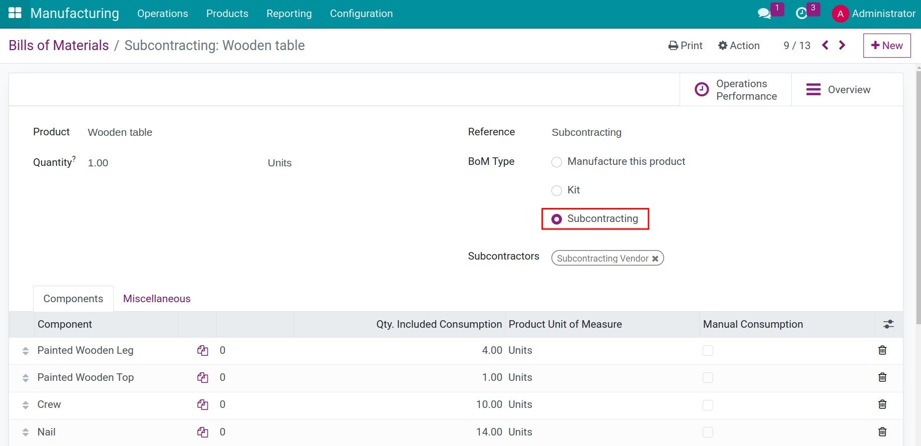 Create subcontracting BoM