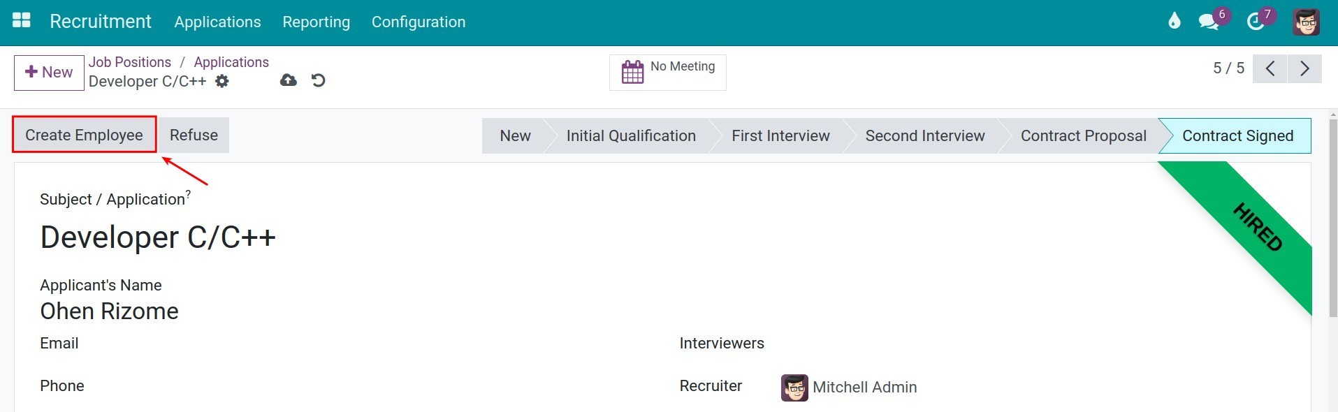 Create employee on Viindoo Applications Menu