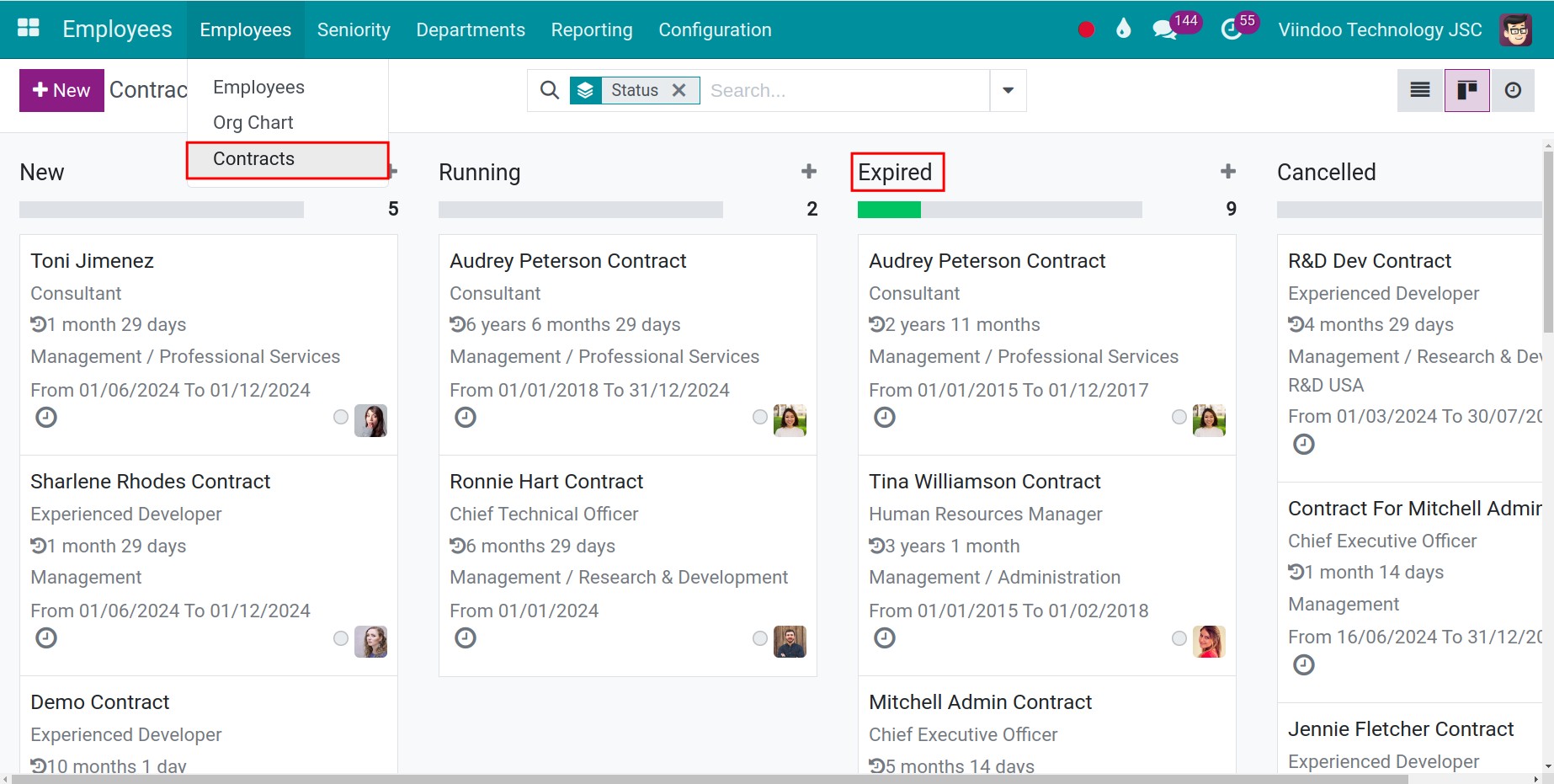 Existing contracts list in Viindoo software