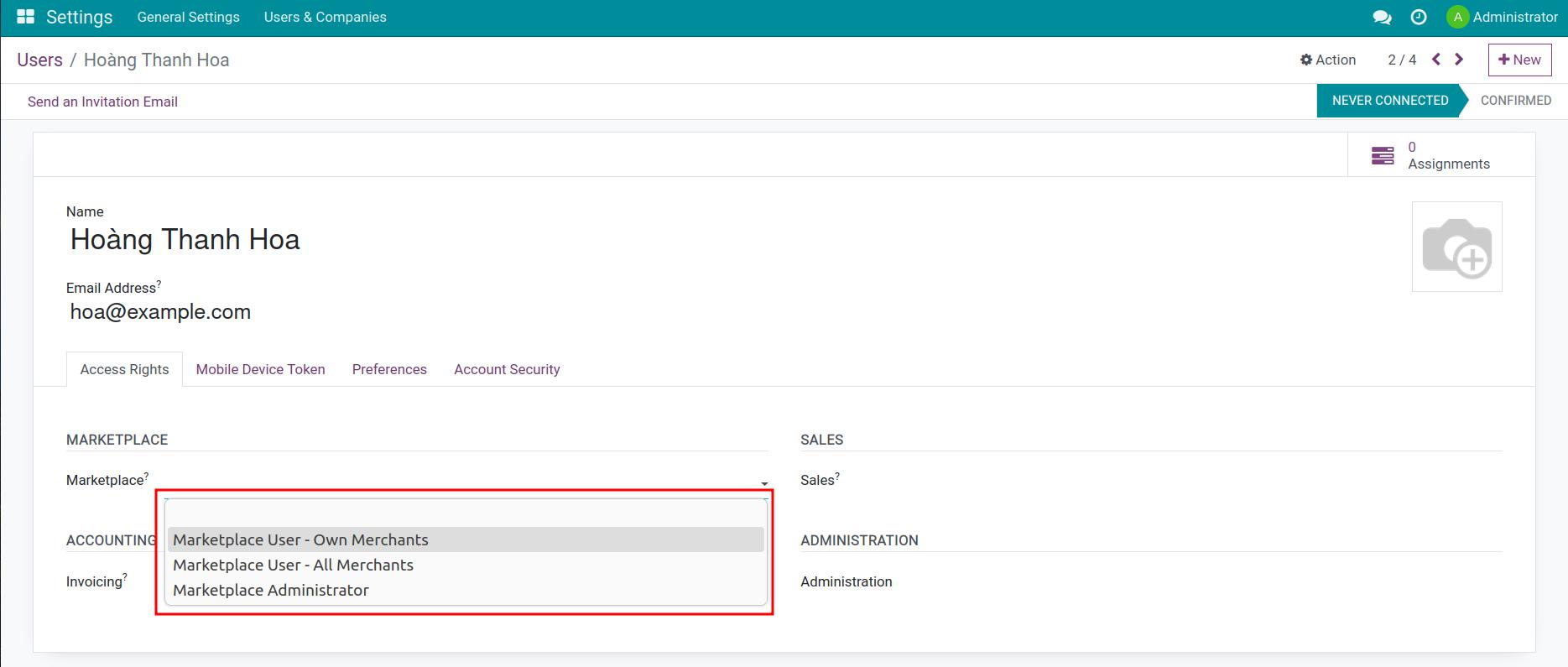 Access right marketplace app in Viindoo