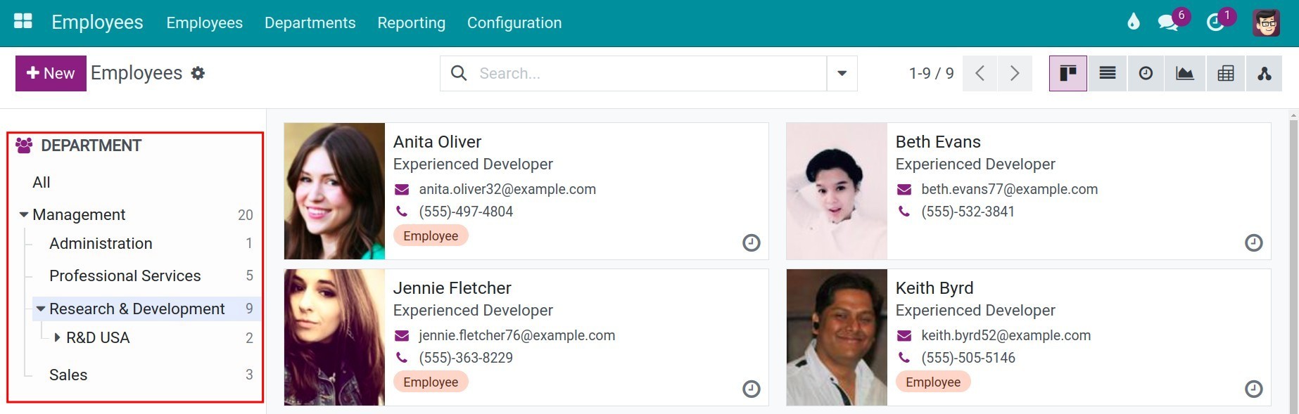 List of employees by departments in Viindoo