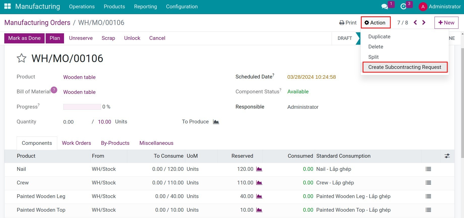 Create Subcontracting request