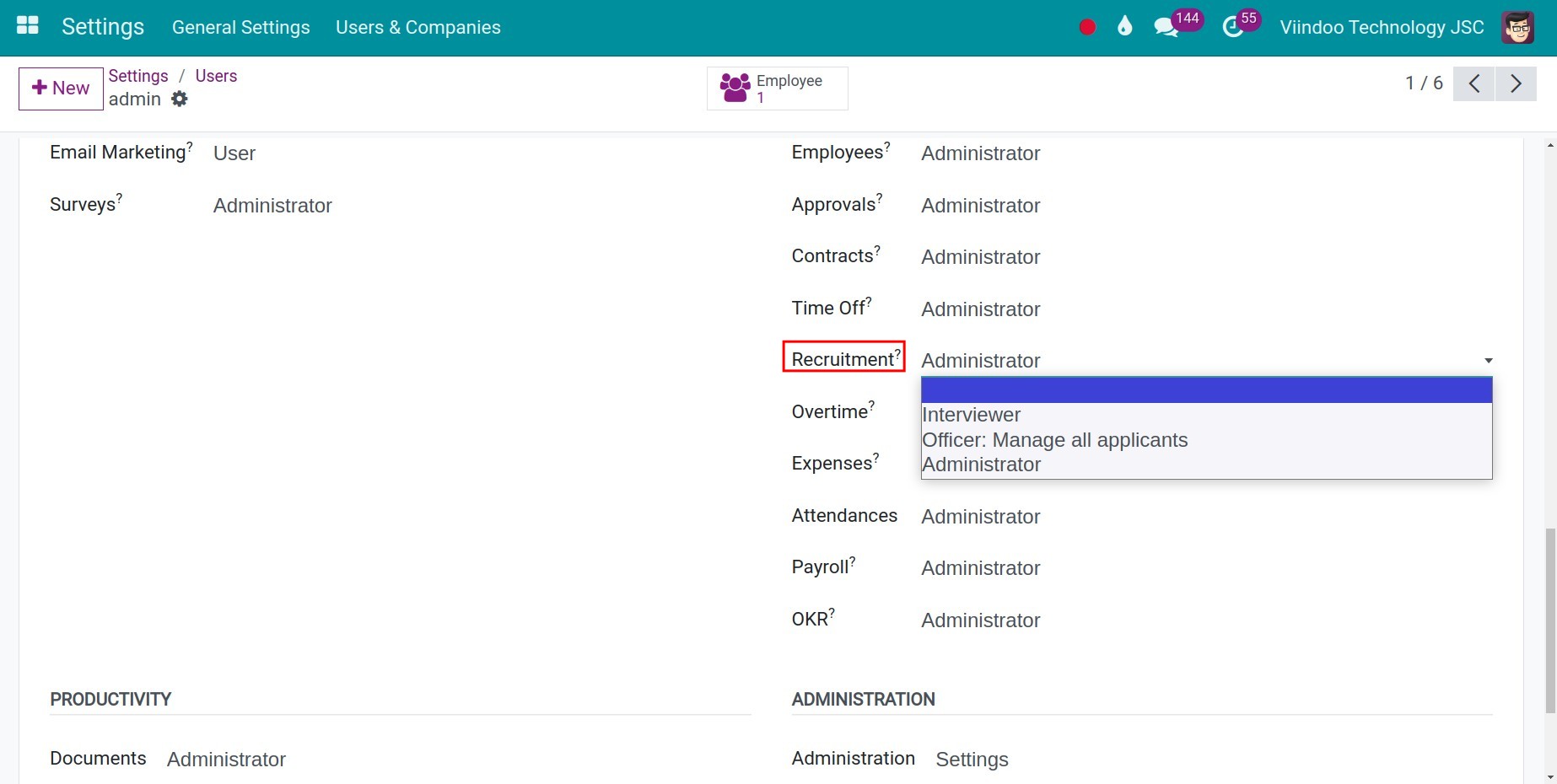 Viindoo Recruitment Access Right