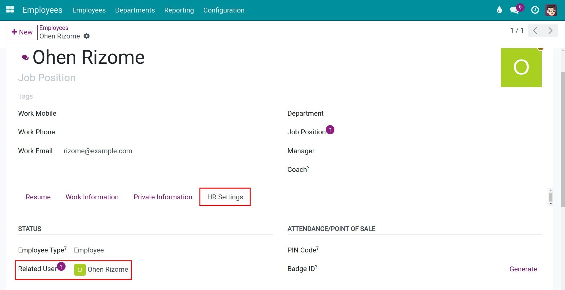 Viindoo Employee linked with User