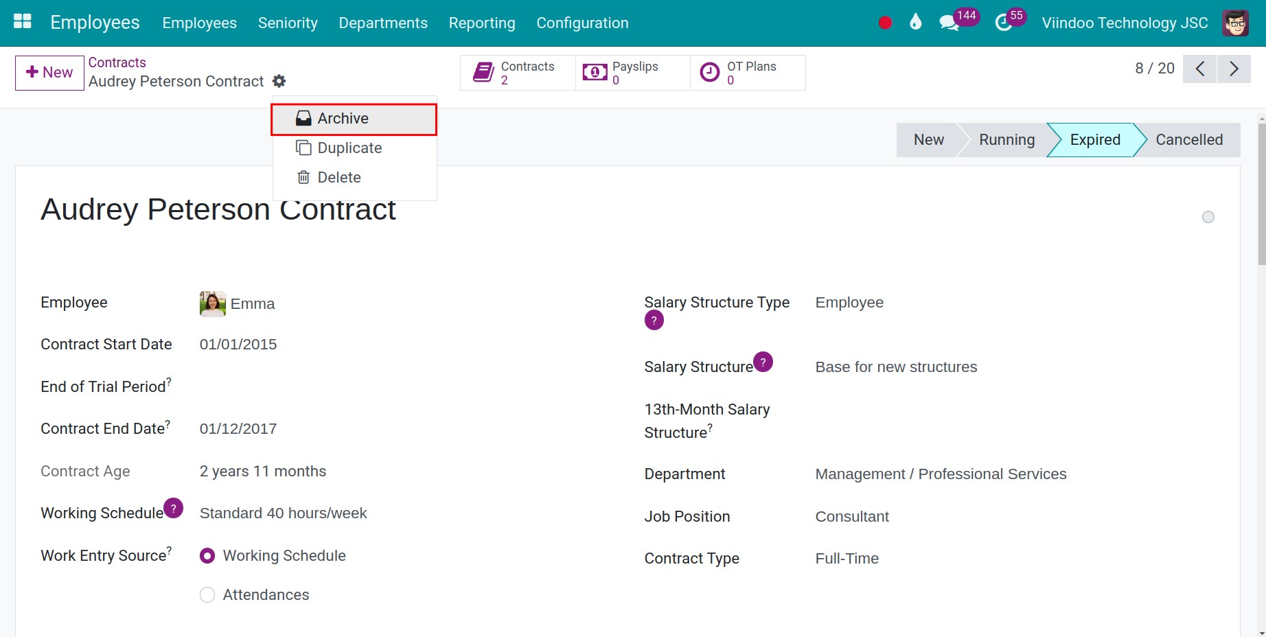 Archive a contract in Viindoo software