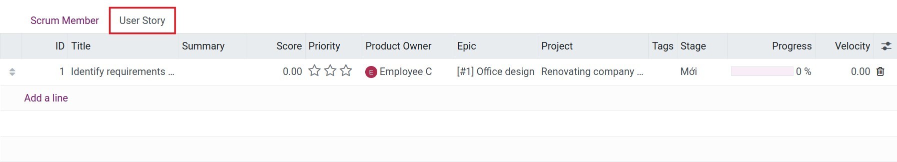 Tab User Story on Scrum Team form