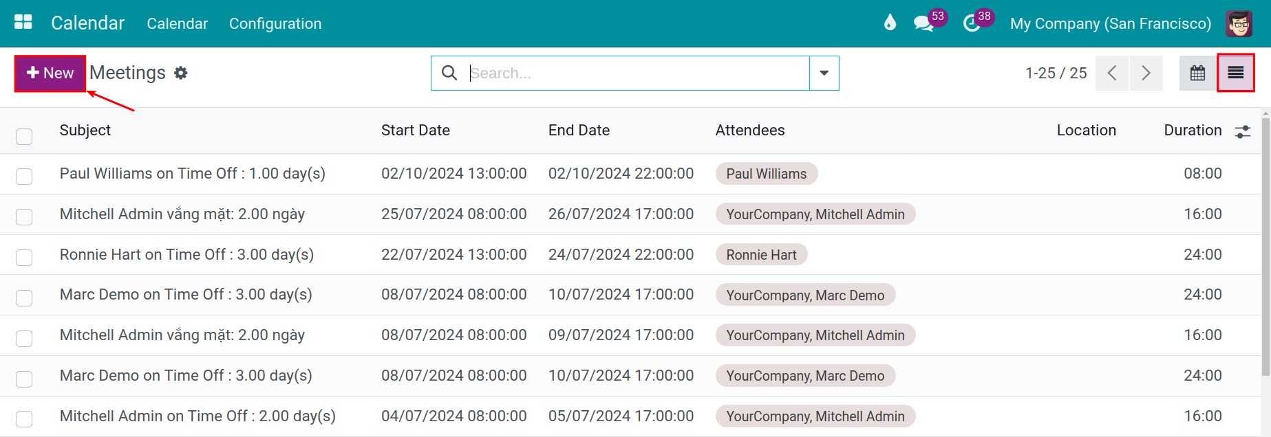 Creating the meeting from the List view
