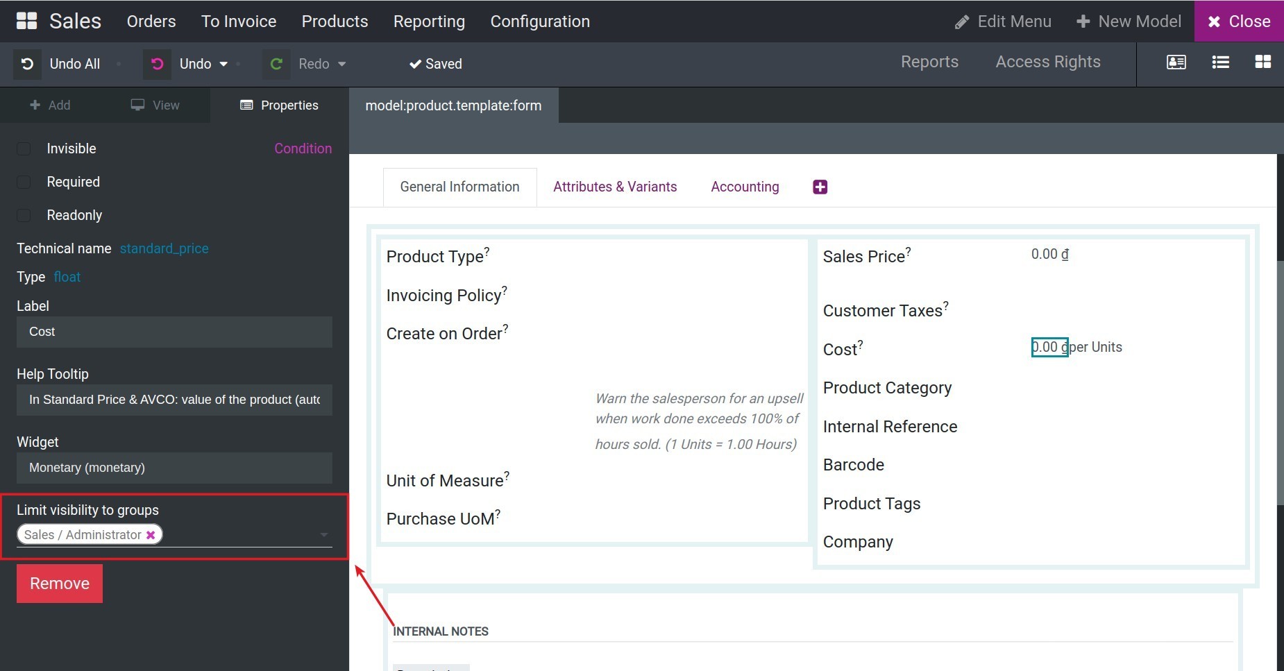 Set up an access rights group for a field in Viindoo Customize