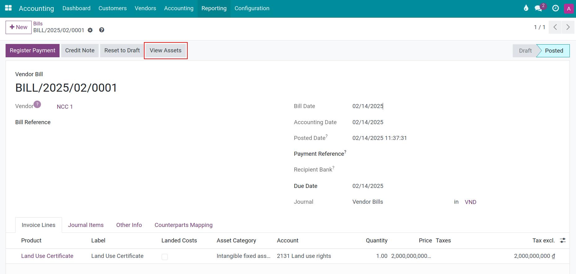 View assets button on vendor bill interface Viindoo