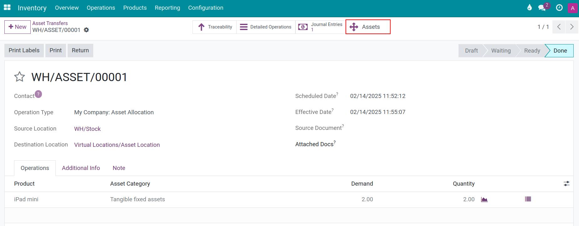 View Assets button in a transfer form in Viindoo
