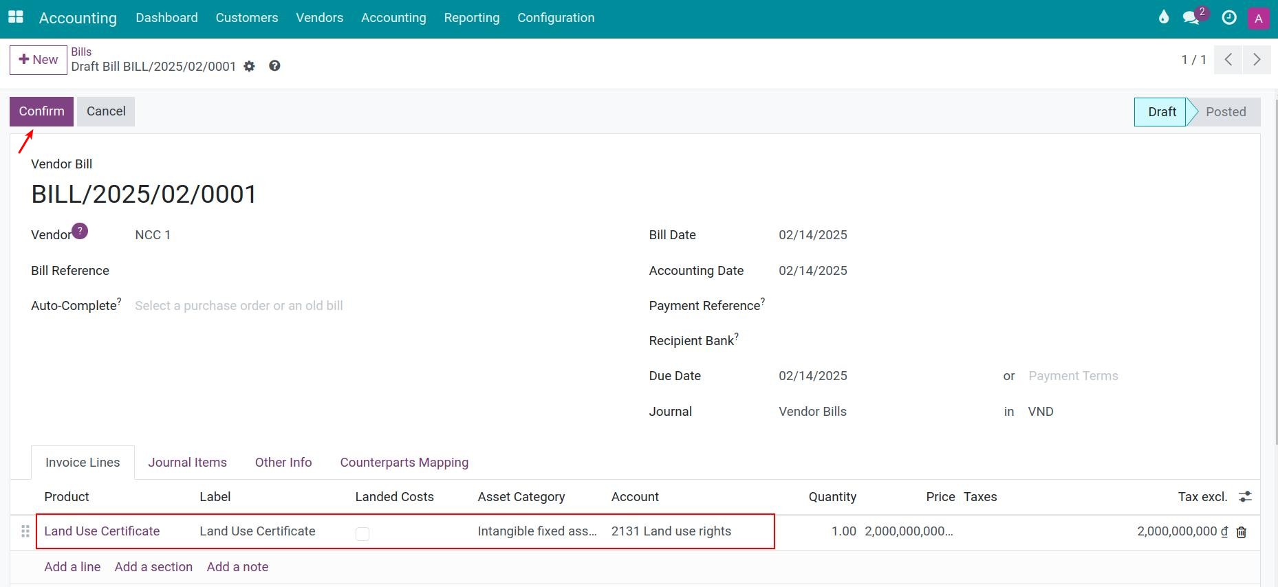 Create a vendor bill in Viindoo