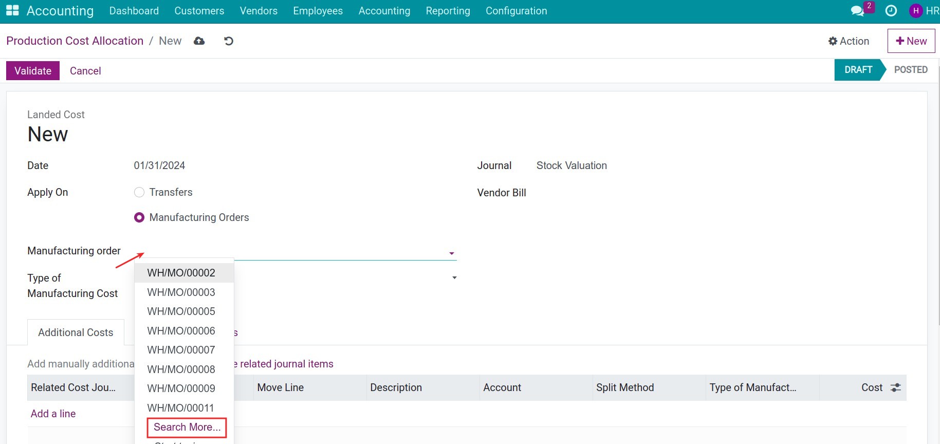 Allocated manufacturing orders in Viindoo