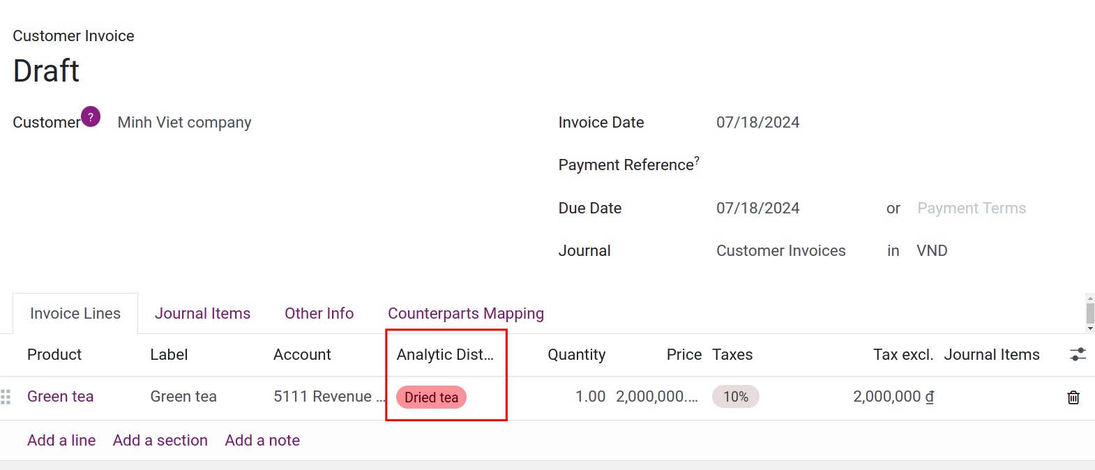 Analytic account in Customer Invoices Viindoo