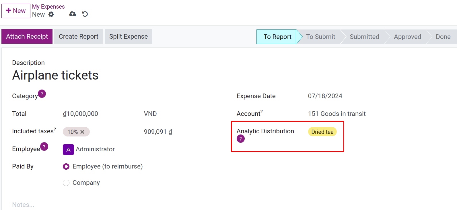 Analytic account in Employee Expenses Viindoo