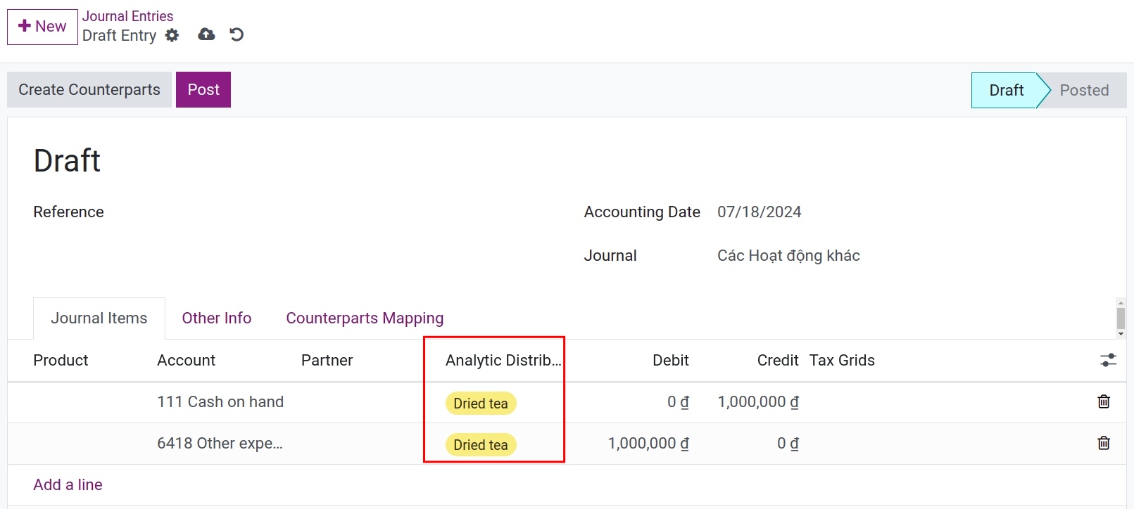 Analytic account in Journal Entries Viindoo