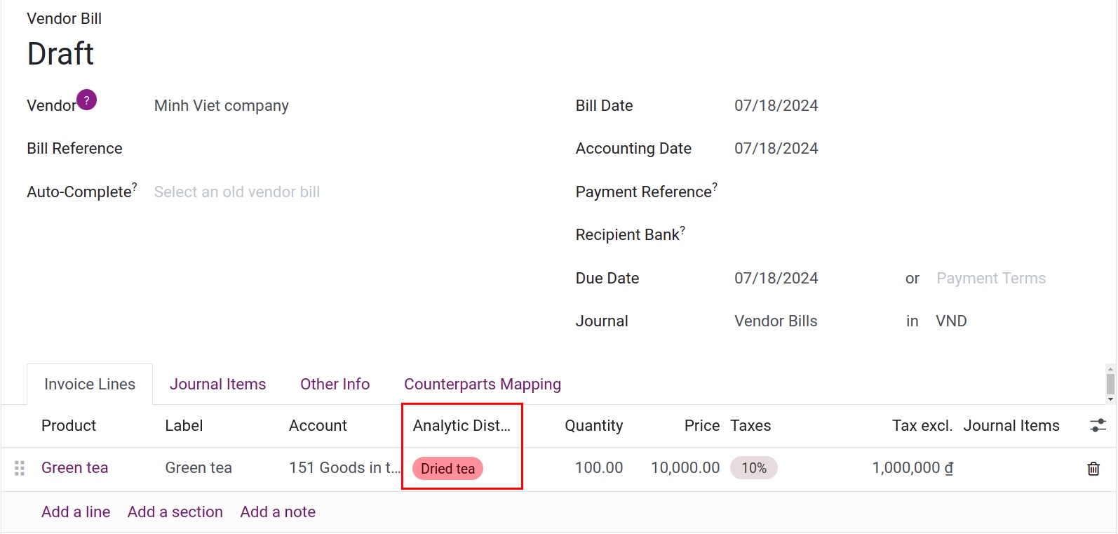 Analytic account in vendor bills Viindoo