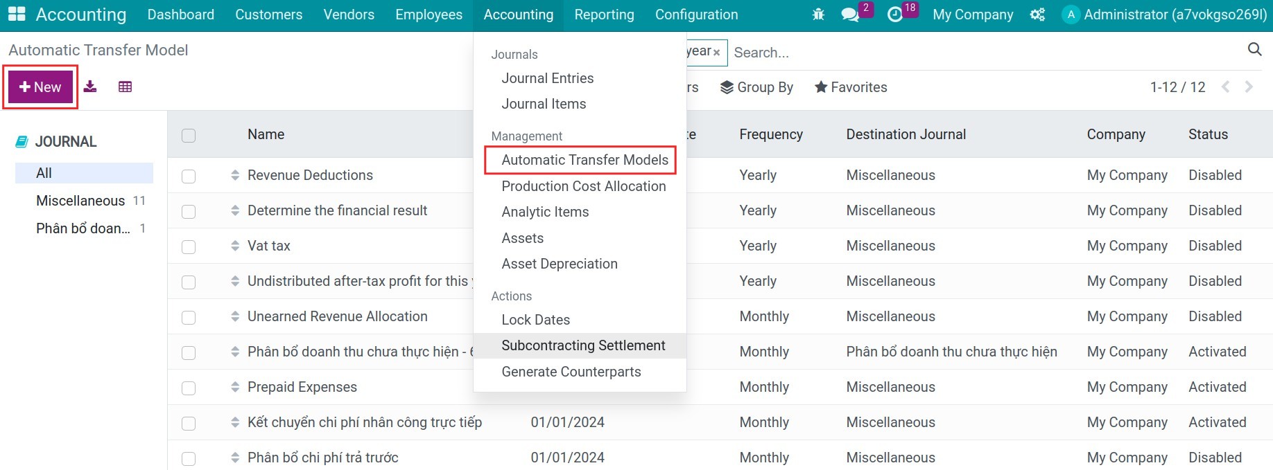 Automatic transfer models - Viindoo Accounting