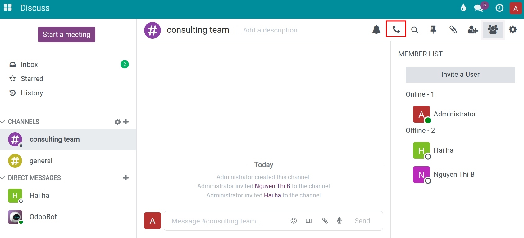 Start a call in the channel