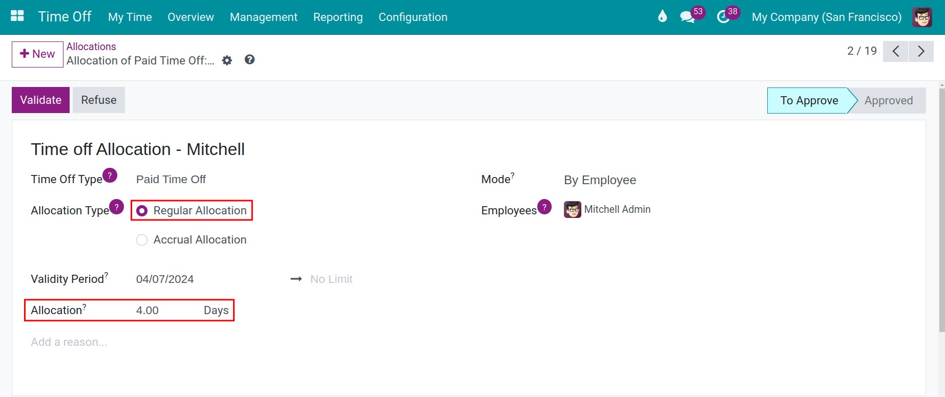 Action to announcing allocation request approval in Viindoo Time-off Management Application