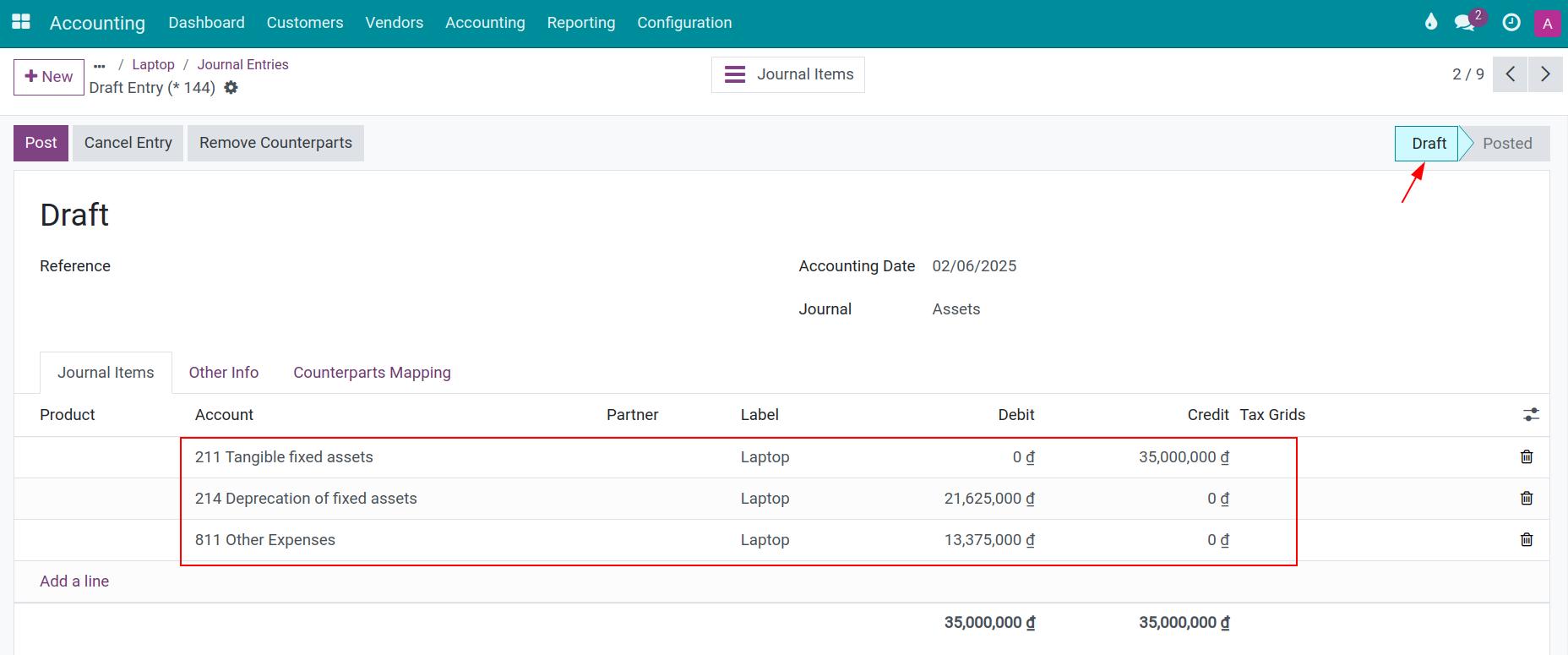 Write-off asset entry