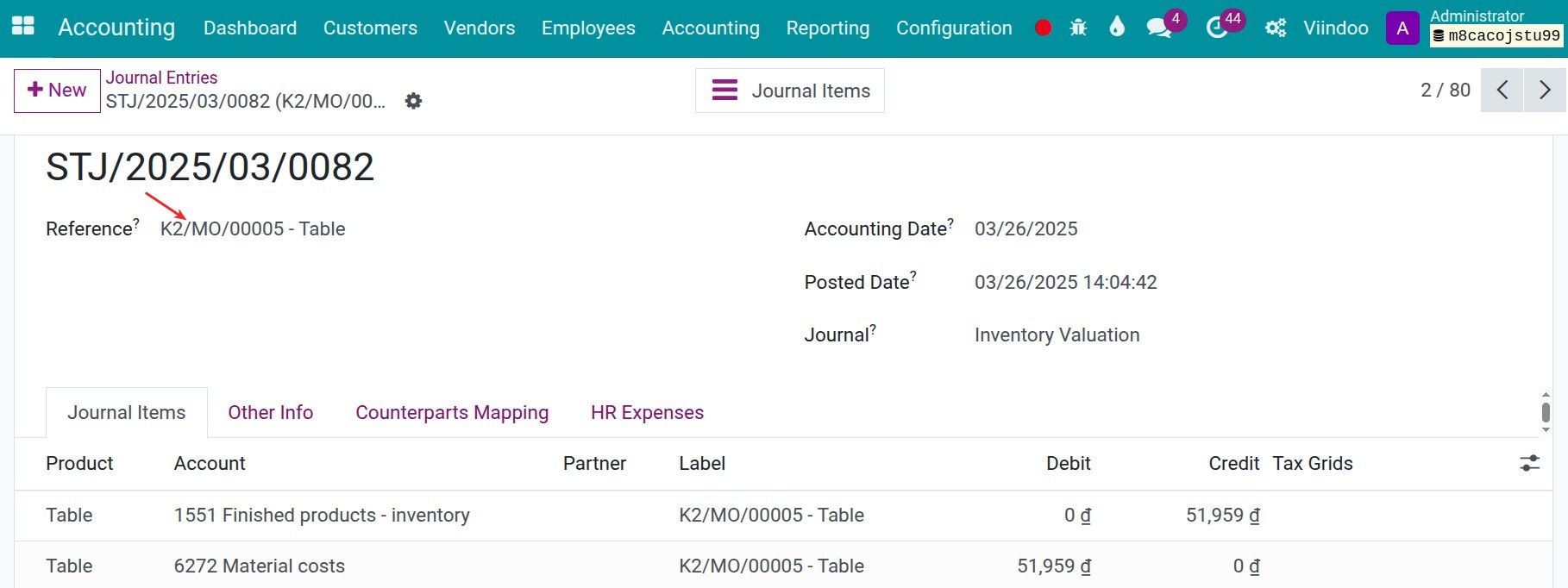 Journal Entry generated after Scrapping in Viindoo