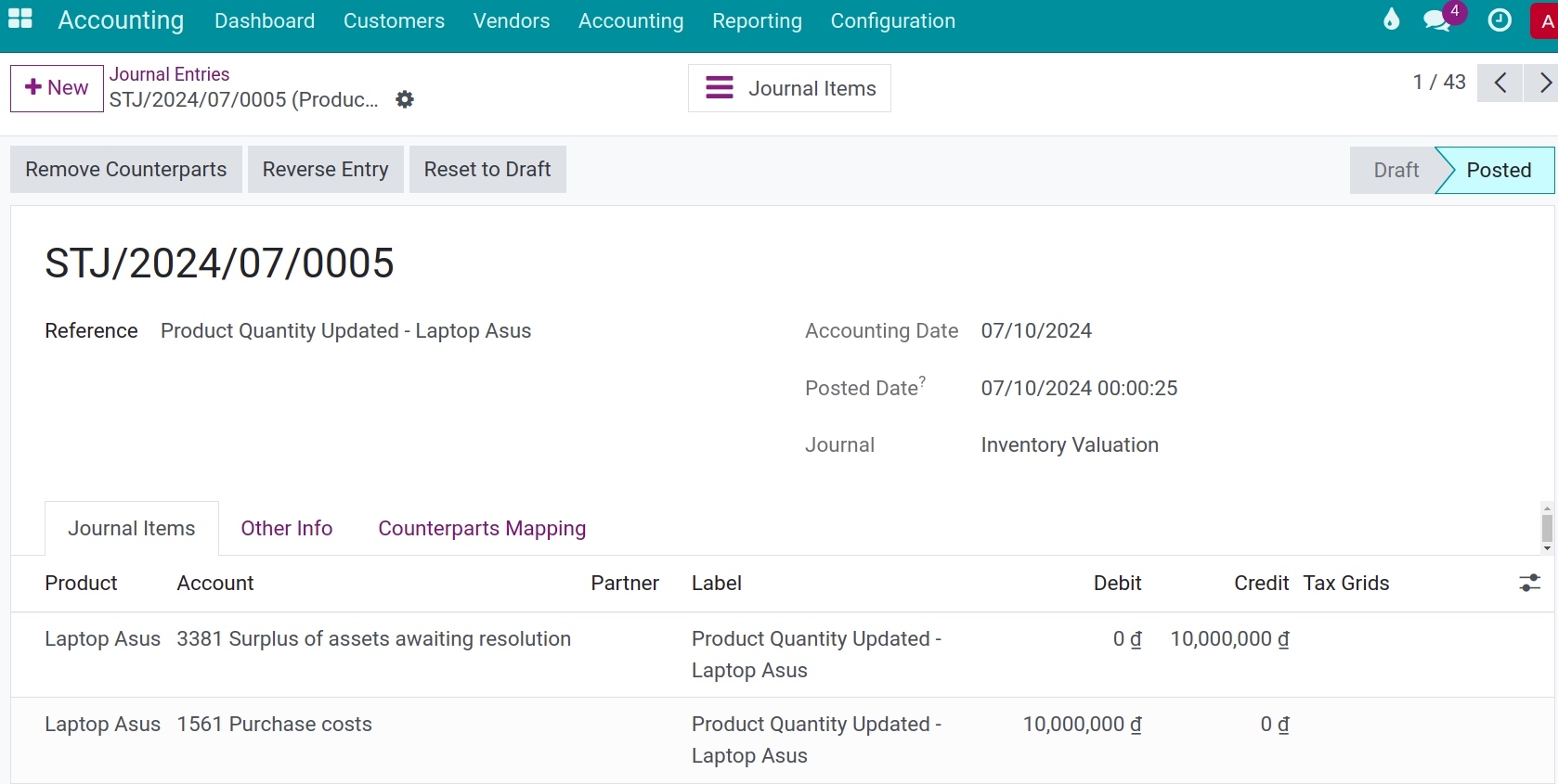 Accounting entries for excess/loss of products after Inventory in Viindoo