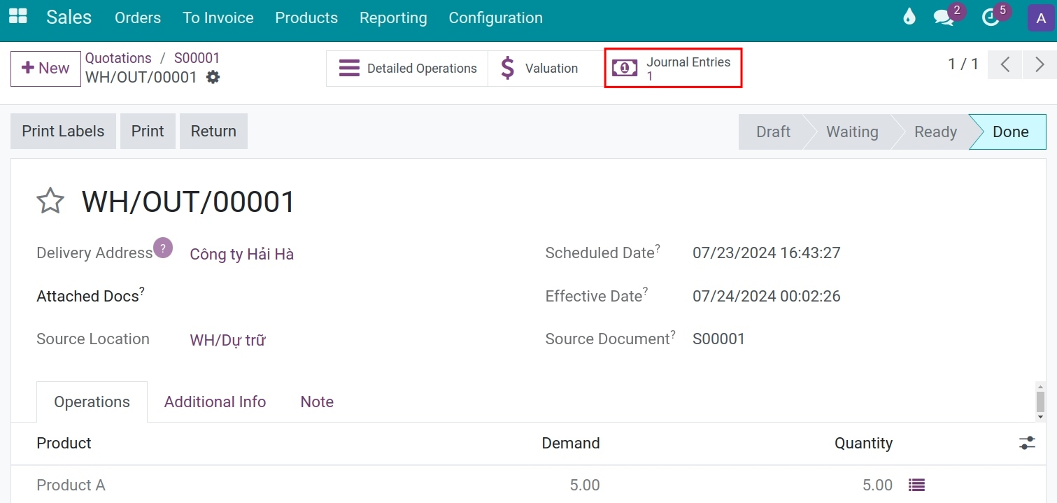 Journal entries generated when the delivery order is validated