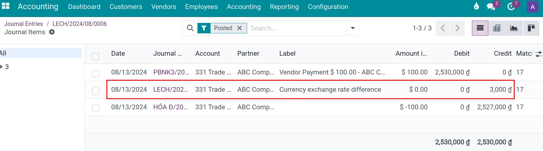 The generated entry in foreign currency Viindoo