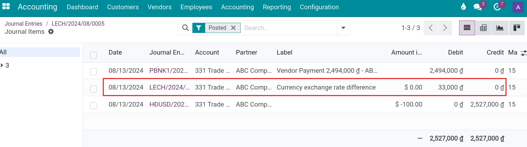 The generated entry when do payment by the company’s main currency Viindoo
