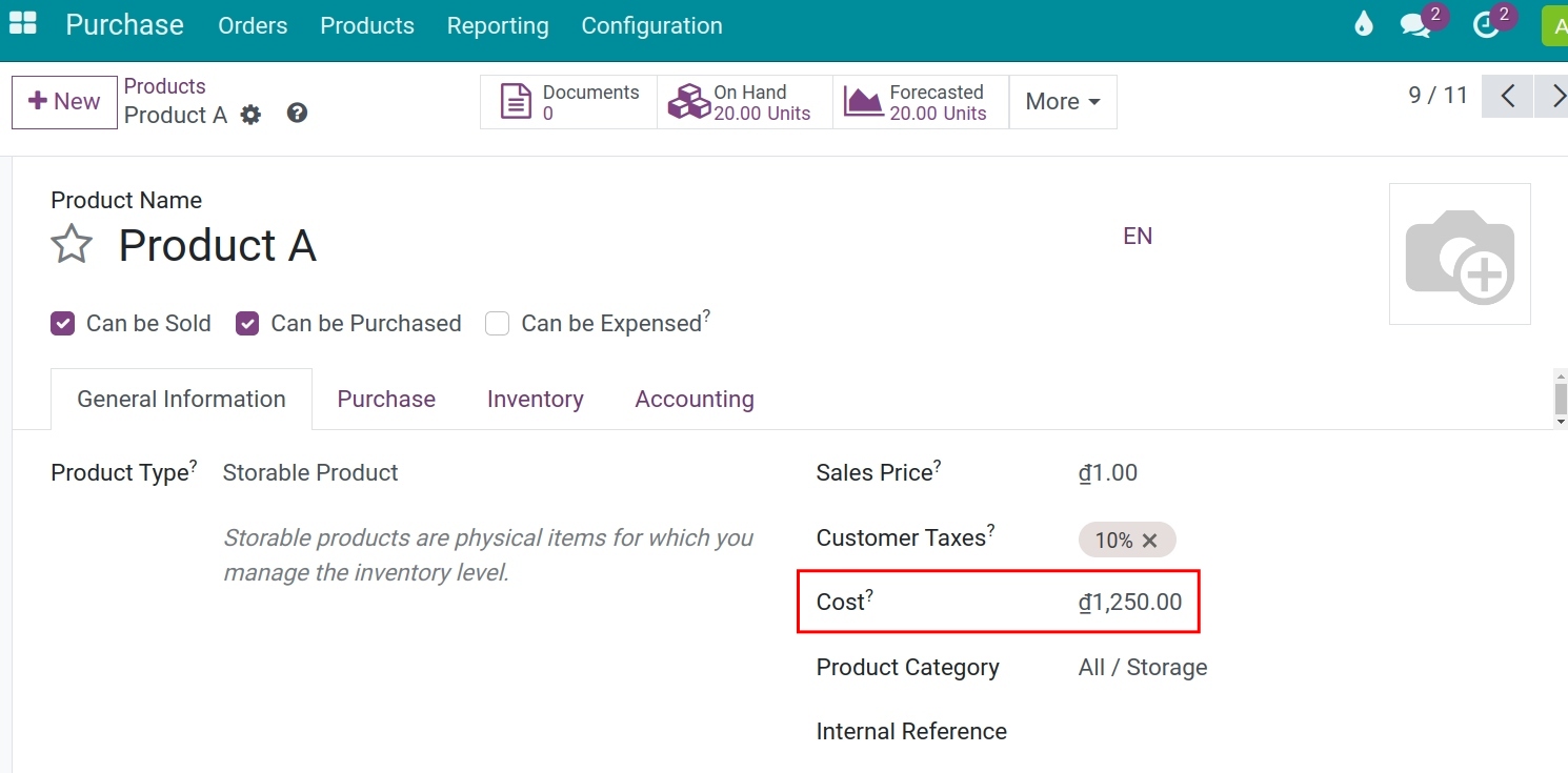 Updated product cost in Viindoo