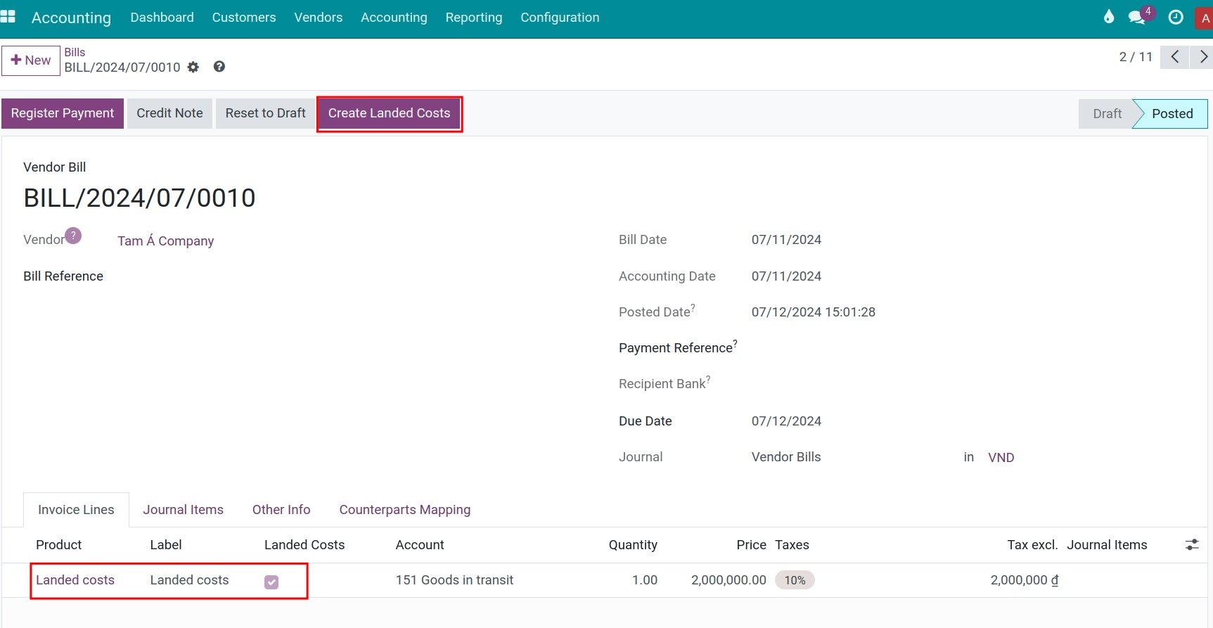 The landed costs in the Vendor bill