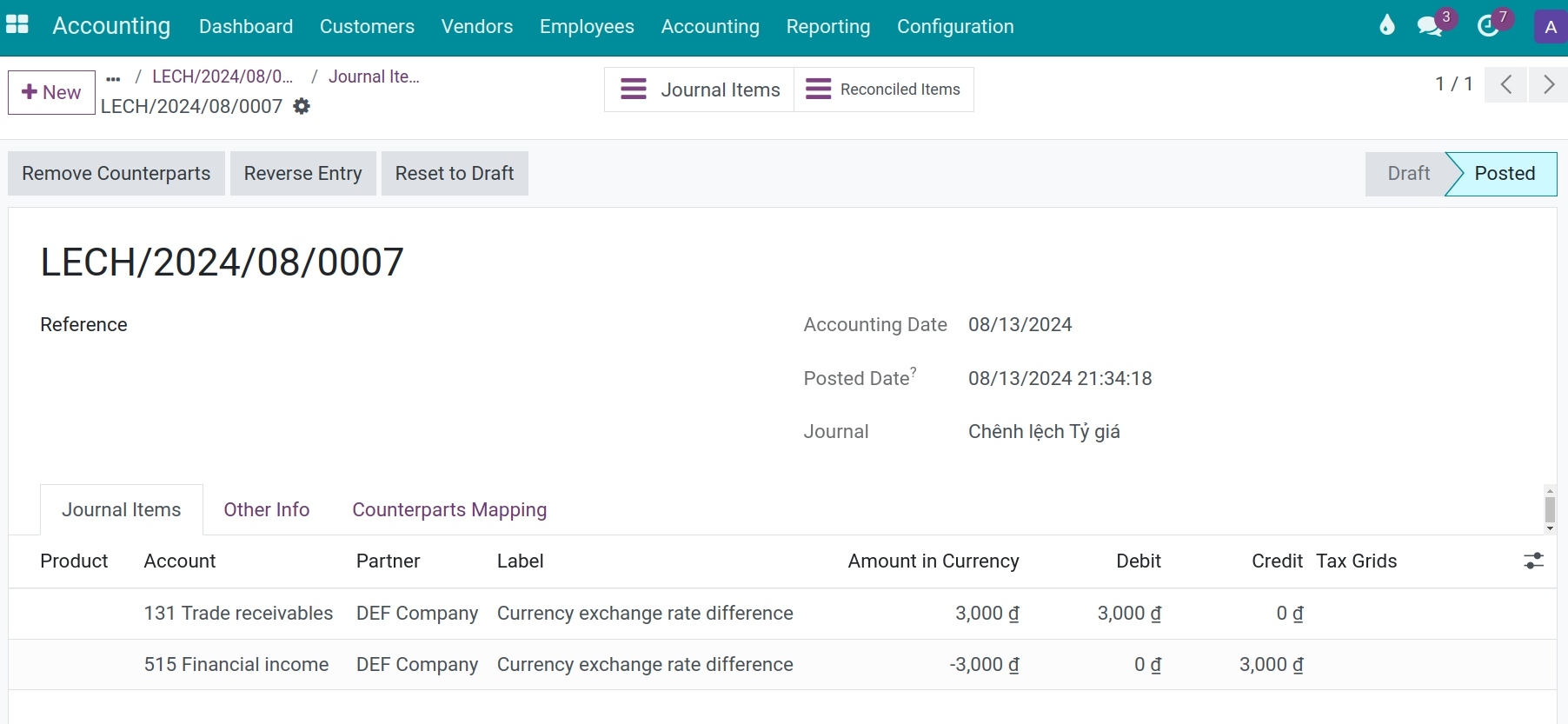 The difference entry of receiving money Viindoo