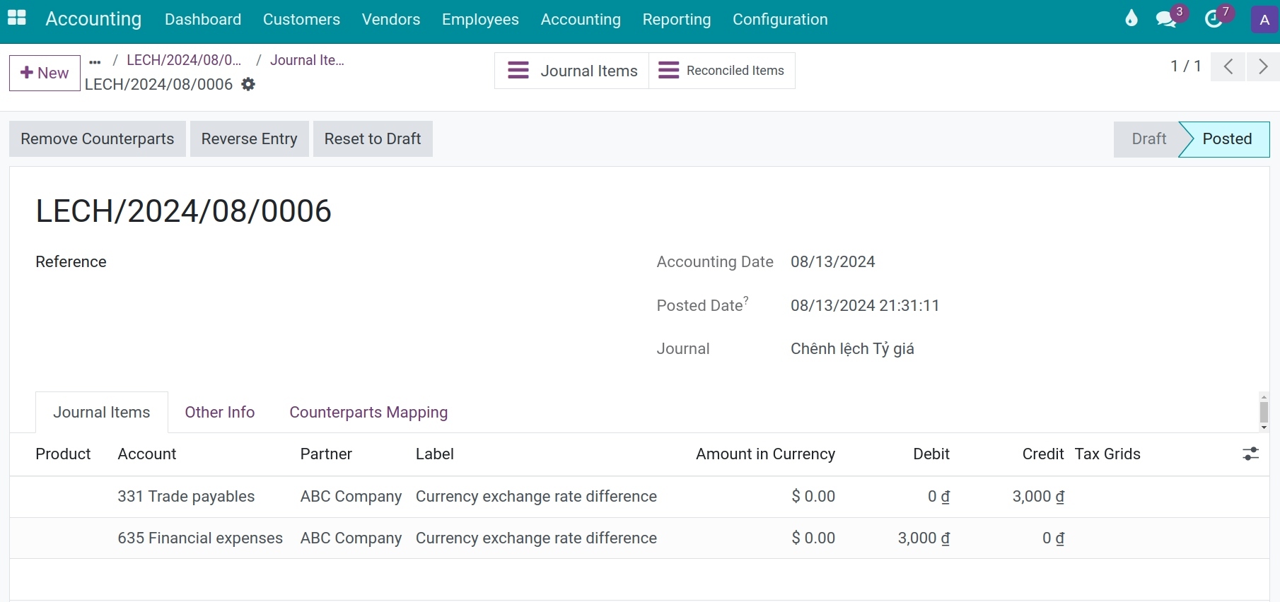 The details of the exchange difference entry Viindoo