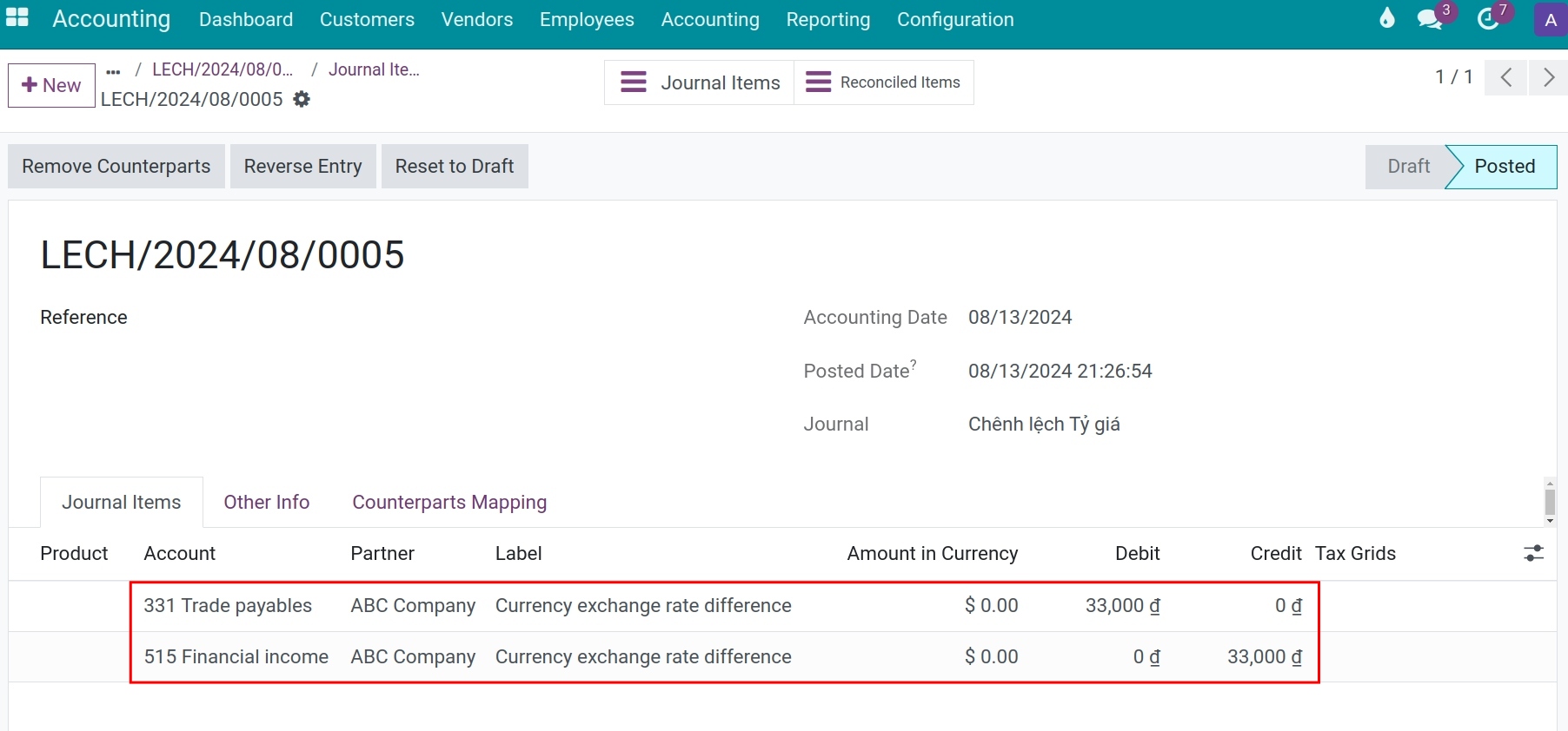The details of the exchange rate difference entry Viindoo