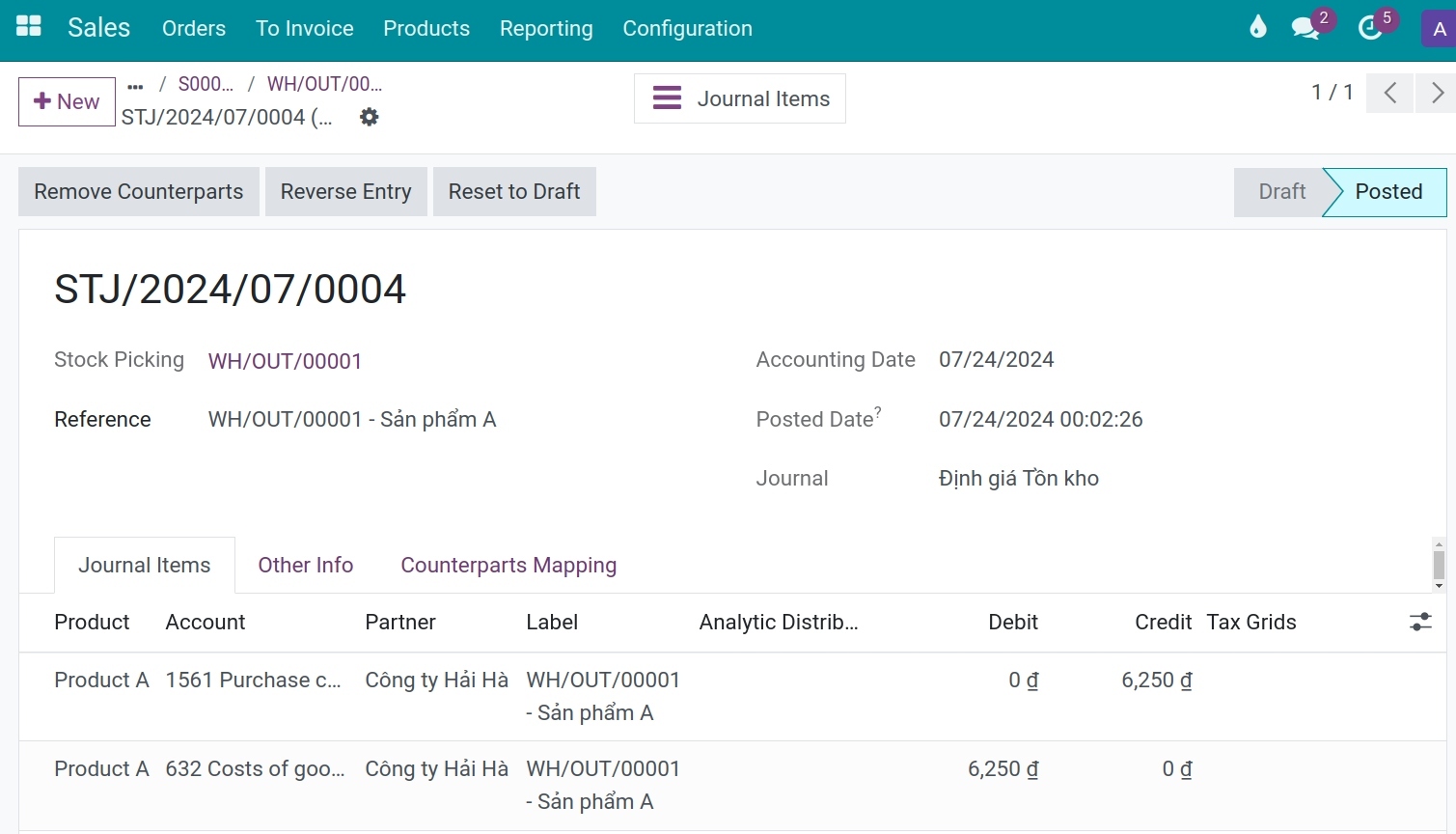 Details of journal entries created from stock output